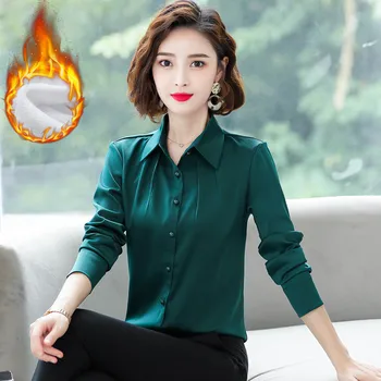 

Winter Women Blouse Female Office-Shirts Work-wear thick warm Chiffon long sleeve Solid color lapel blouse shirt plus size S-4XL