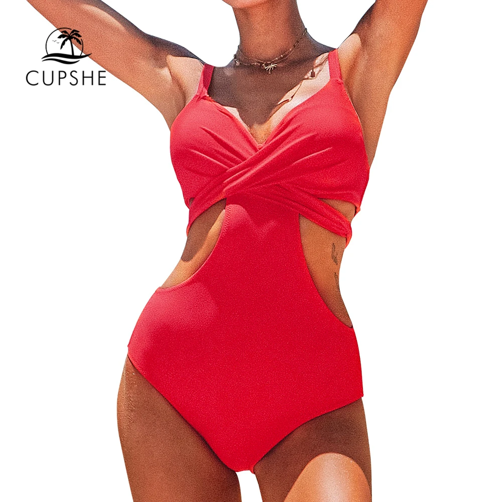 CUPSHE/красный цельный купальник с вырезами и формованными чашечками, женский сексуальный Монокини со шнуровкой сзади,, пляжный купальный костюм для девочек, купальники