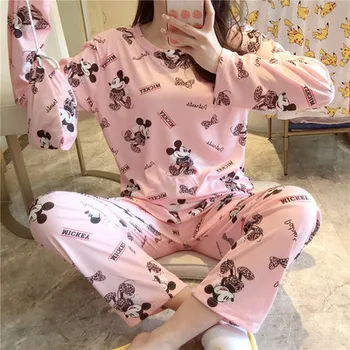

2 Pcs Long Sleeve+Pants Pajama Sets For Women Cartoon Print Cute Comfortable Night Sleepwear For Girl Spring Pyjama Sets