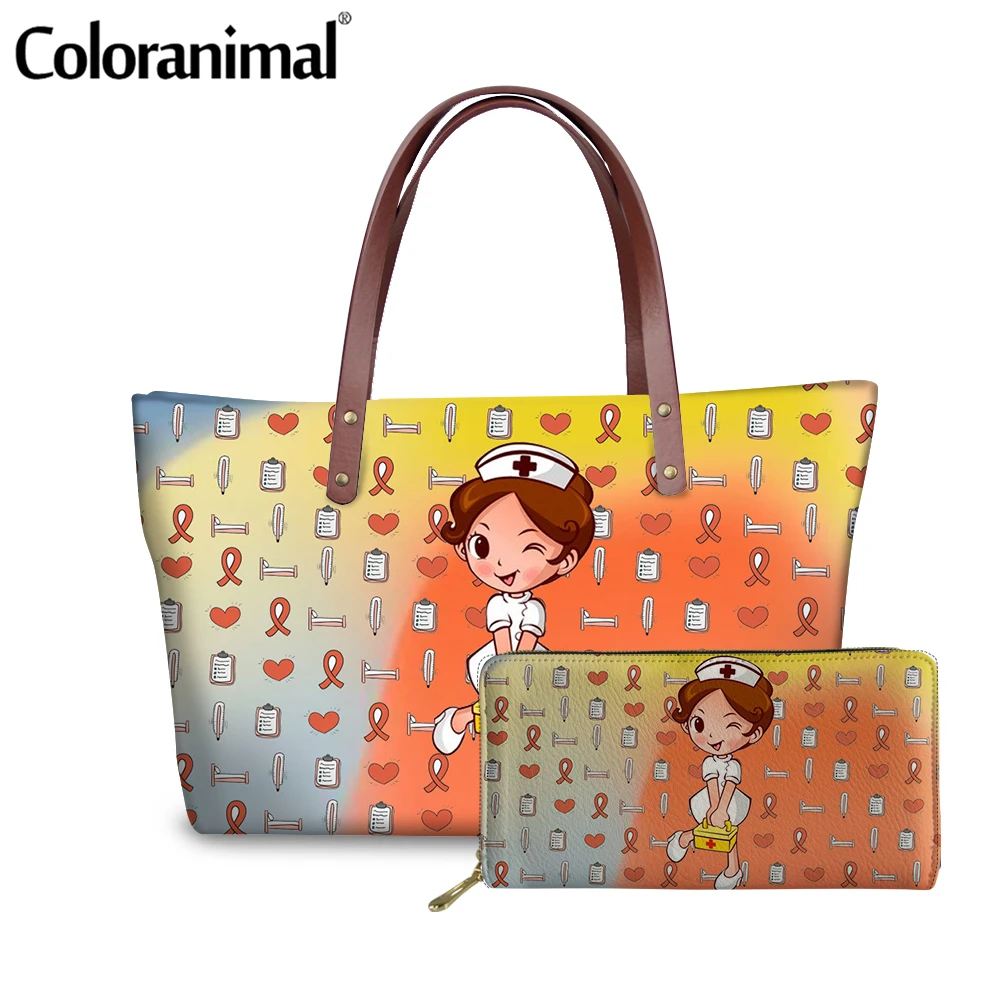 Coloranimal 2021 New Style 2Pcs Shoulder Bag Set and Wallet Gradient Color Nurse Girls First Aid Cartoon Pattern Women Handbag 