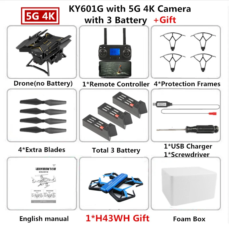 KY601G Радиоуправляемый Дрон, gps Квадрокоптер с 5G 4K HD камерой, 2000 метров, управляемый дистанционный Квадрокоптер, игрушка VS XS812 E520S, Дрон - Цвет: B3 4K Cam Foam Box