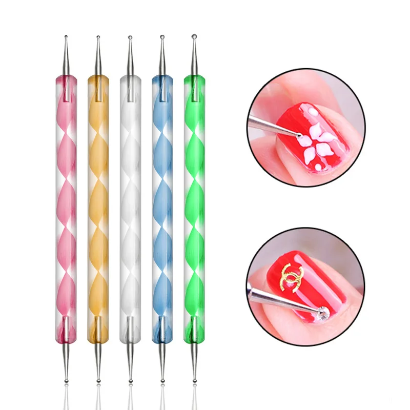 5pcs/set Dual-ended Nail Dotting Pen Color Metal Rod Nail Point Pen Rhinestone Studs Picker Wax Pencil Manicure Nail Tool