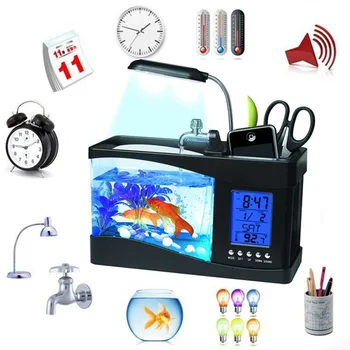 

Home USB Mini Aquarium Fish Tank Aquarium with LED Lamp Light LCD Display Screen and Clock Fish Aquarium Home Desktop Decor
