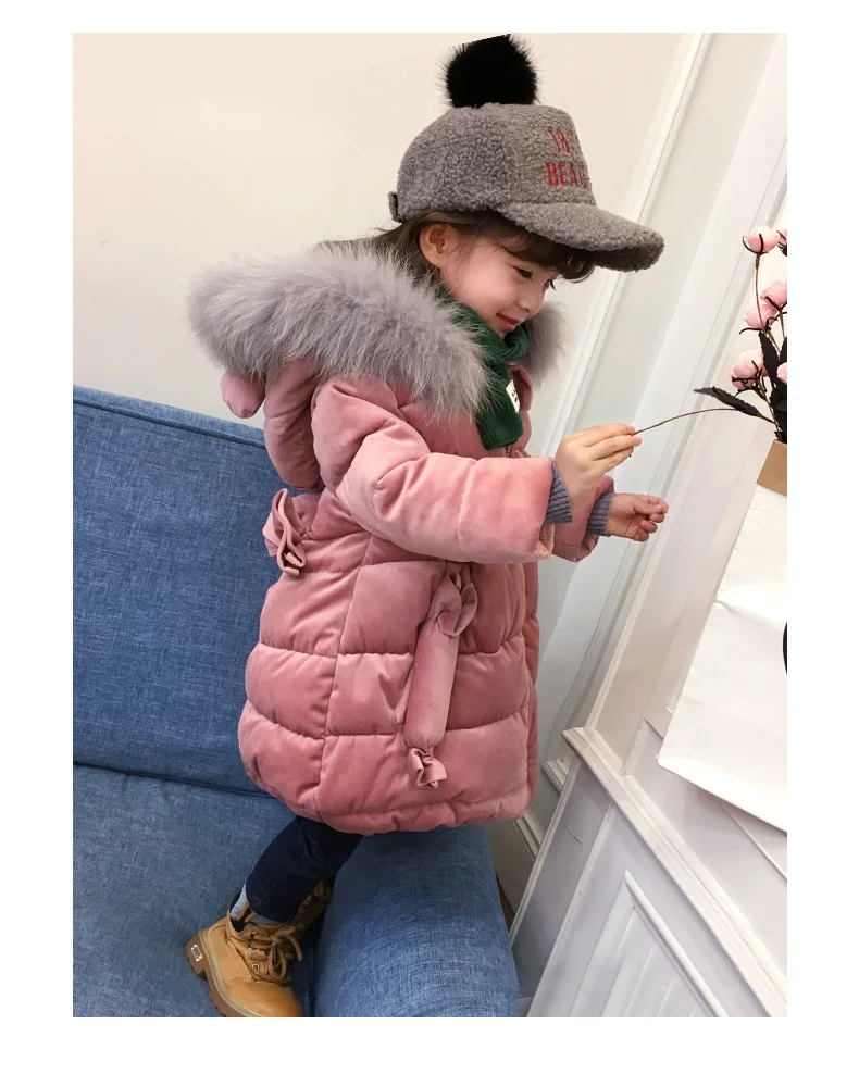 Коллекция года, модная пуховая куртка для маленьких девочек Теплые Детские Пуховые парки, пальто утепленная верхняя одежда с мехом для подростков на холодную зиму, Новая розовая