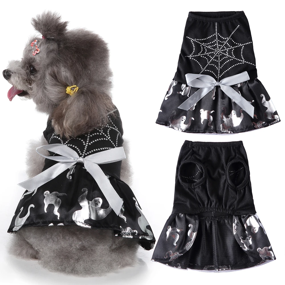 

Pet Dog Halloween Dress Gothic Dark Funny Silver Print Dog Cat Dress Bowknot Ruffle Cute Pet Party Costume Cosplay Suit Skirt