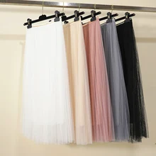 Осенние тюлевые Плиссированные Длинные миди юбки женские эластичные с высокой талией Тюлевая сетчатая юбка Корейская длинная Плиссированная Harajuku Женская юбка