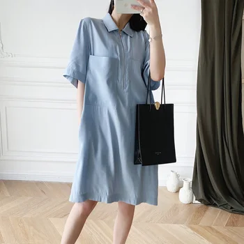 

The new spring and summer 20 】 C home straight zipper H version style light blue shirts leisure dress pocket
