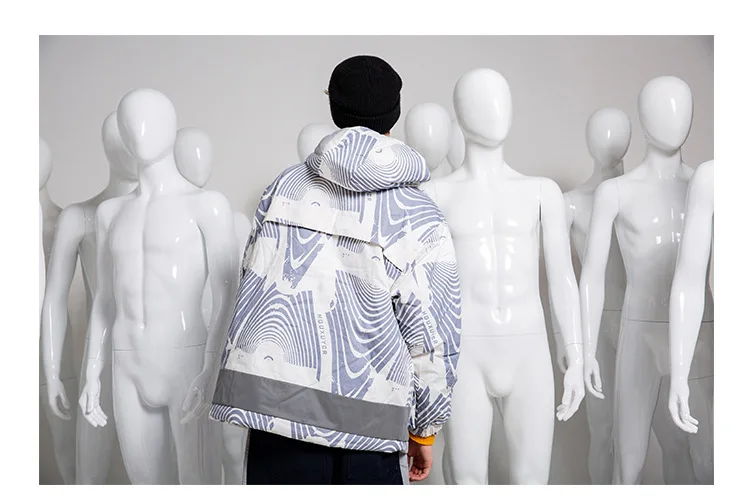 Вертикальный изизд 18aw национальный тренд Снежинка Печатные светоотражающие полосы с Капюшоном Хлопчатобумажная стеганая одежда