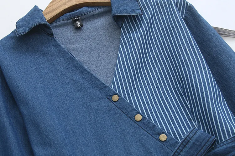 Blvyisla 5XL Глубокий V женское джинсовое платье в полоску, сшивание, свободные платья, женские Асимметричные осенние нижние платья