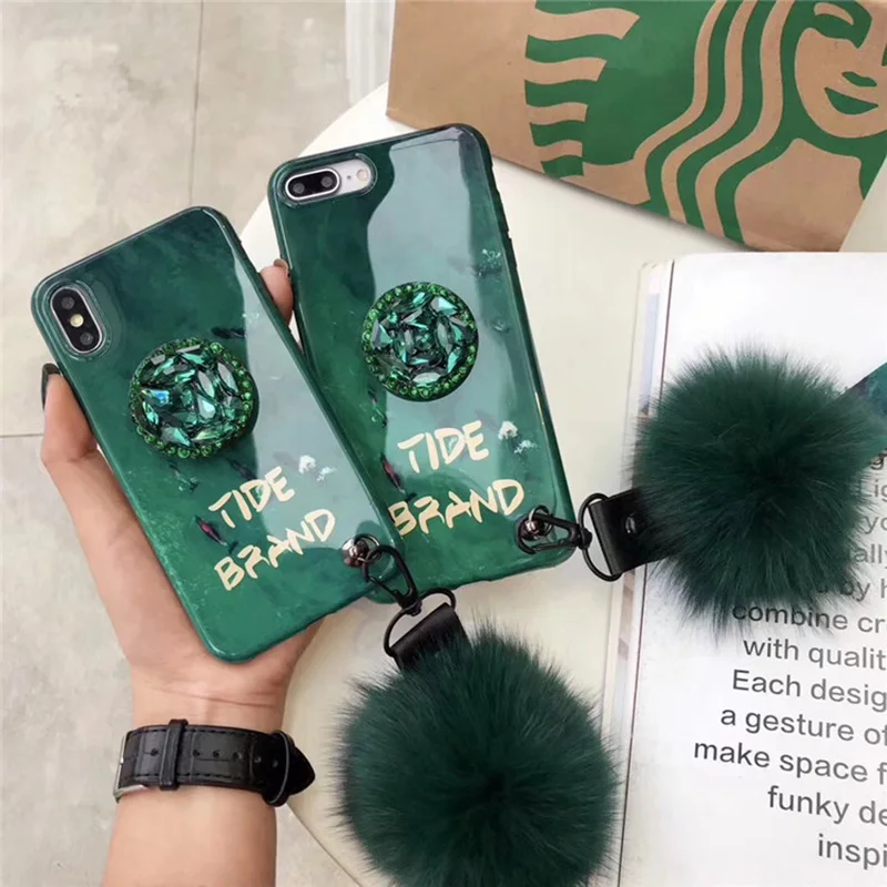 

hair ball+Stand holder+Strap Phone case For iPhone11 pro max X XS MAX XR 6 6s 8 7 Plus Soft IMD letter Emerald ColorFunds Coque