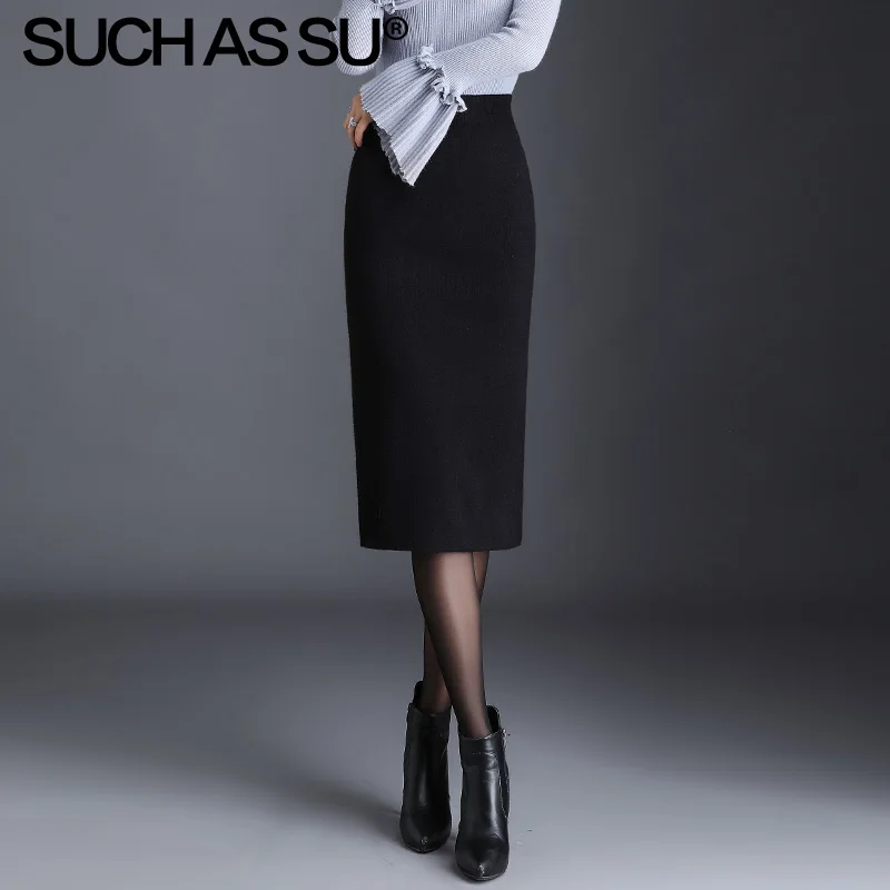 Black Skirt Новинка, вязаные юбки-карандаш для женщин, Осень-зима, черные, абрикосовые, серые, кофейные, высокая талия, облегающая юбка средней длины, Женская юбка - Цвет: Black Skirt
