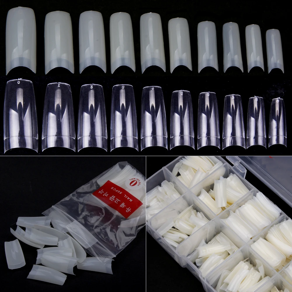 500Pcs 관 네일 팁 확장 가짜 투명 손톱 아크릴 젤 팁 스틸레토 인공 전체 커버 캡슐 프랑스 매니큐어
