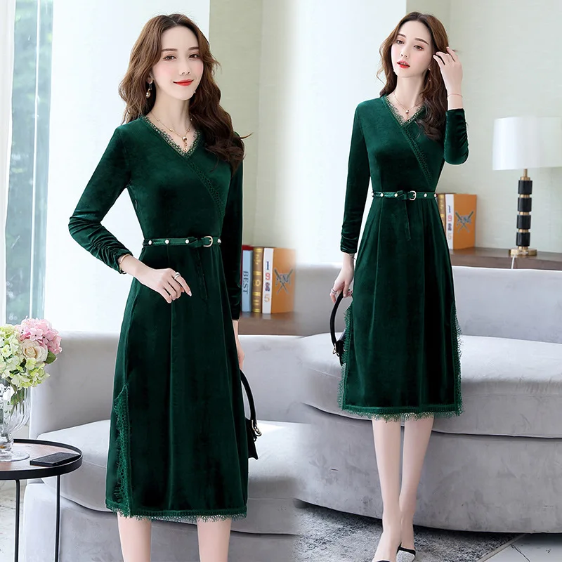 

Gold Velvet Dress Women's Long 2019 Spring And Autumn New Style Long Sleeve Korean-style Slimming Autumn And Winter Elegant V-ne