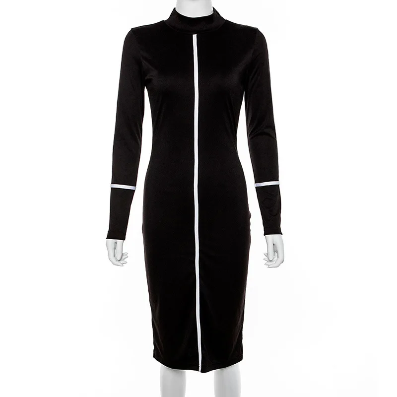 JIEZuoFang Лето и Осень женское уличное платье с длинным рукавом темпераментное тонкое лоскутное контрастное платье миди - Цвет: black