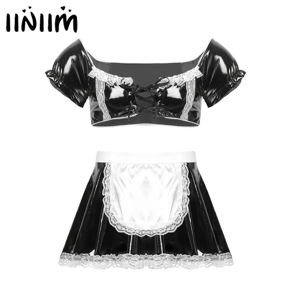 Mens Gay Wetlook Patent Leather Sissy Maid Dress Up Cosplay Costume Latex homme Lace-up Crop Top with High Waist Flared Skirt |