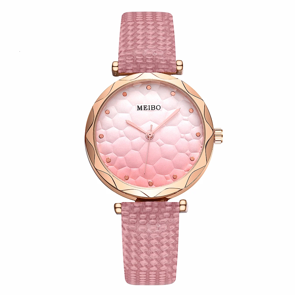 Горячая Распродажа женские кожаные градиентные цветные часы с циферблатом повседневные роскошные женские кварцевые аналоговые часы MEIBO часы - Цвет: pink
