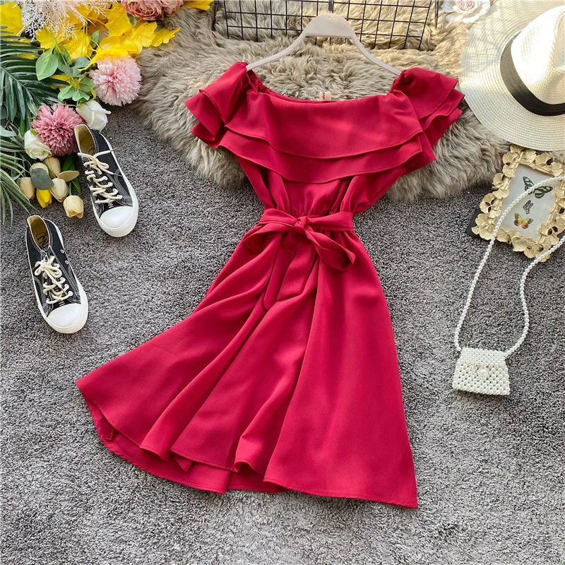 SINGRAIN Summer Women Off Shoulder Dress Bohemian Romantic Ruffle Sundress Party Holiday A-Line Retro Solid Chiffon Beach Dress