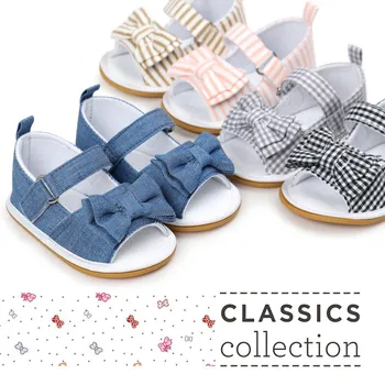 

Summer Baby Girls Shoes Cute Lovely Summer Cotton Cloth Sandals Striped Plaid Denim Bowknot Anti-Slip Soft 0-18M Infant Toddler