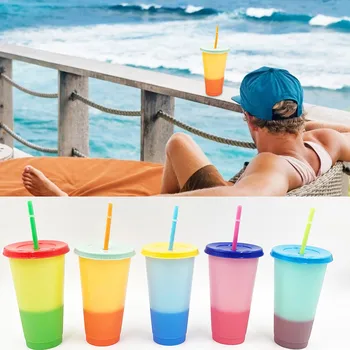 

5pcs/lot Reusable Plastic Water Bottles With Straws Temperature Color Changing Cold Cups 700ml Magic Tumblers Birthday Gifts