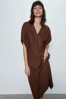 

2020 Spring Summer New Style European puff sleeve cotton Midi female Dress zaraing vadiming sheining women dress A9684