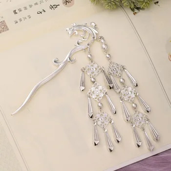Chinese Style Costume Hair Jewelry Women Silver Color Hair Pin Phoenix Shape Hair Sticks Long Tassel Women Silver Color Hair Pin Phoenix Shape