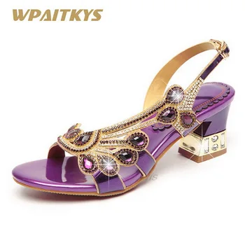 

Exquisite Ladies Crystal Sandals 5 CM High Heels Fashion Purple Golden Blue Rhinestone Wedding Shoes Women Christmas Gift