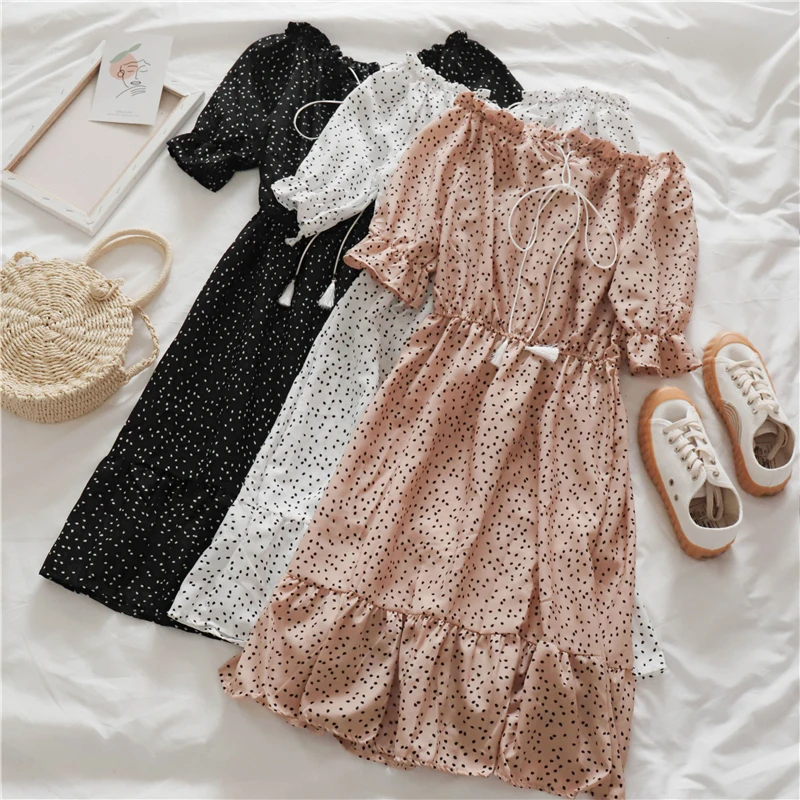 Chiffon Dot Women Dress Spring Summer Short Sleeve Slash Neck Elegant Ladies Dresses Sweet Casual Female High Waist |