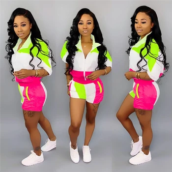 

New lapel casual sports contrast color stitching sleeve shirt shorts 2piece set women 2019 summer plus size women tracksuit K007