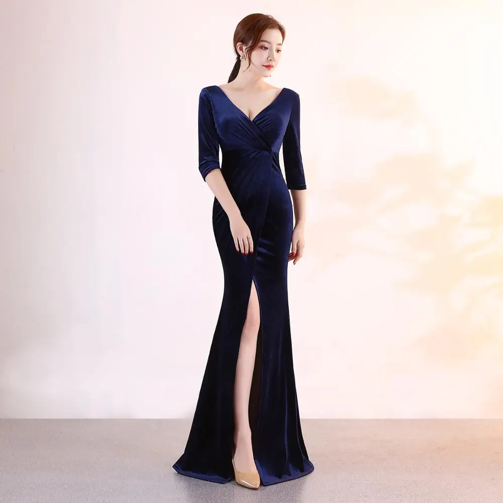 Navy Blue Beauty-Emily, бархатные вечерние платья с v-образным вырезом, длинное вечернее платье с разрезом русалки,, сексуальное модное платье с коротким рукавом, Vestido de noche - Цвет: Navy Blue