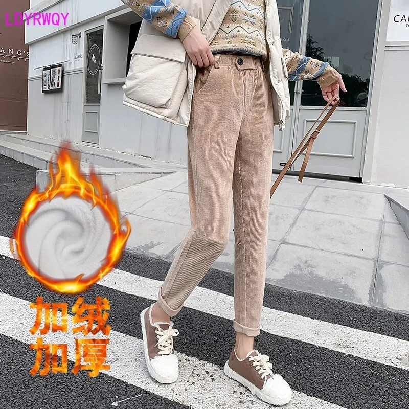 

2019 autumn and winter new Korean women's fashion high waist plus velvet thick corduroy casual wild harem pants