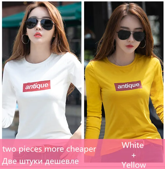 white and yellow Новая Осенняя Футболка женская хлопковая футболка с длинным рукавом для женщин с принтом букв красная женская футболка повседневные топы футболки Camisetas Mujer - Цвет: white and yellow