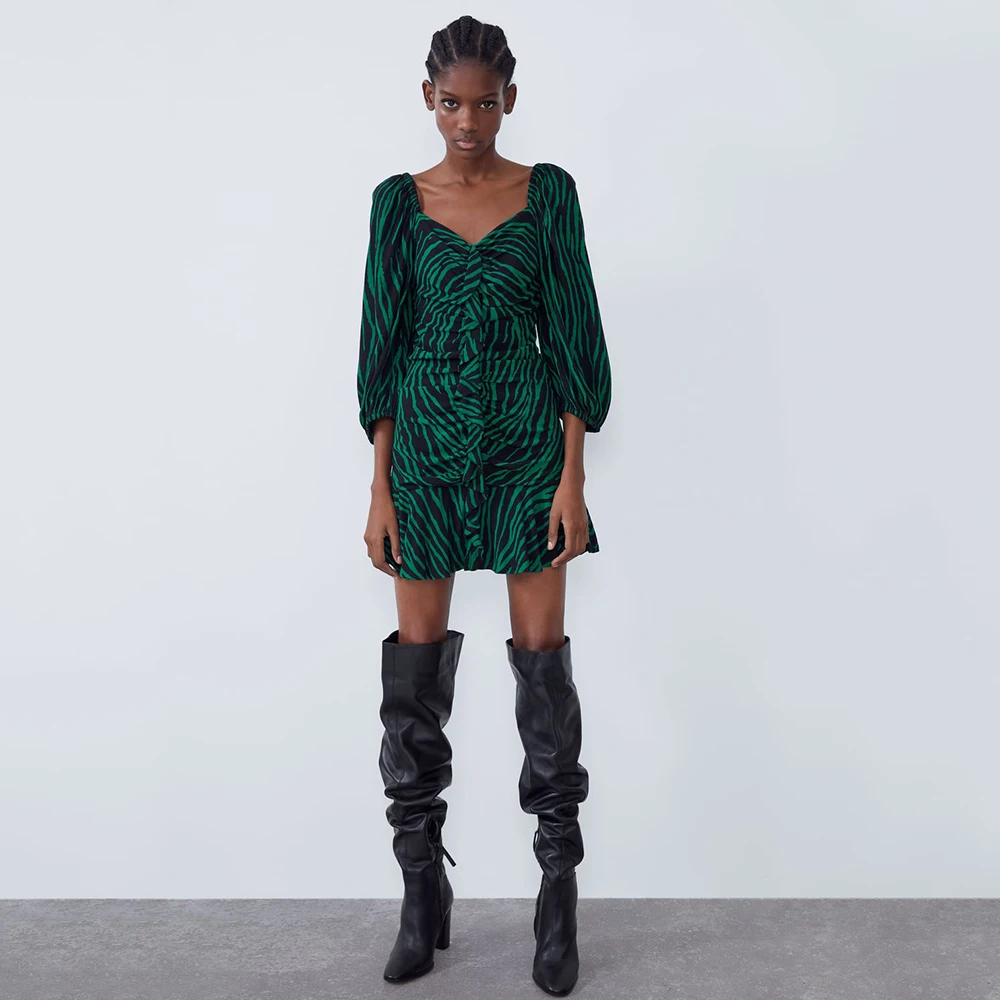 New ZA Print Dress Women V-Neck Seven-quarter Sleeve Elastic Cuff Laminated Decoration Charm Autumn Dress Wholesale