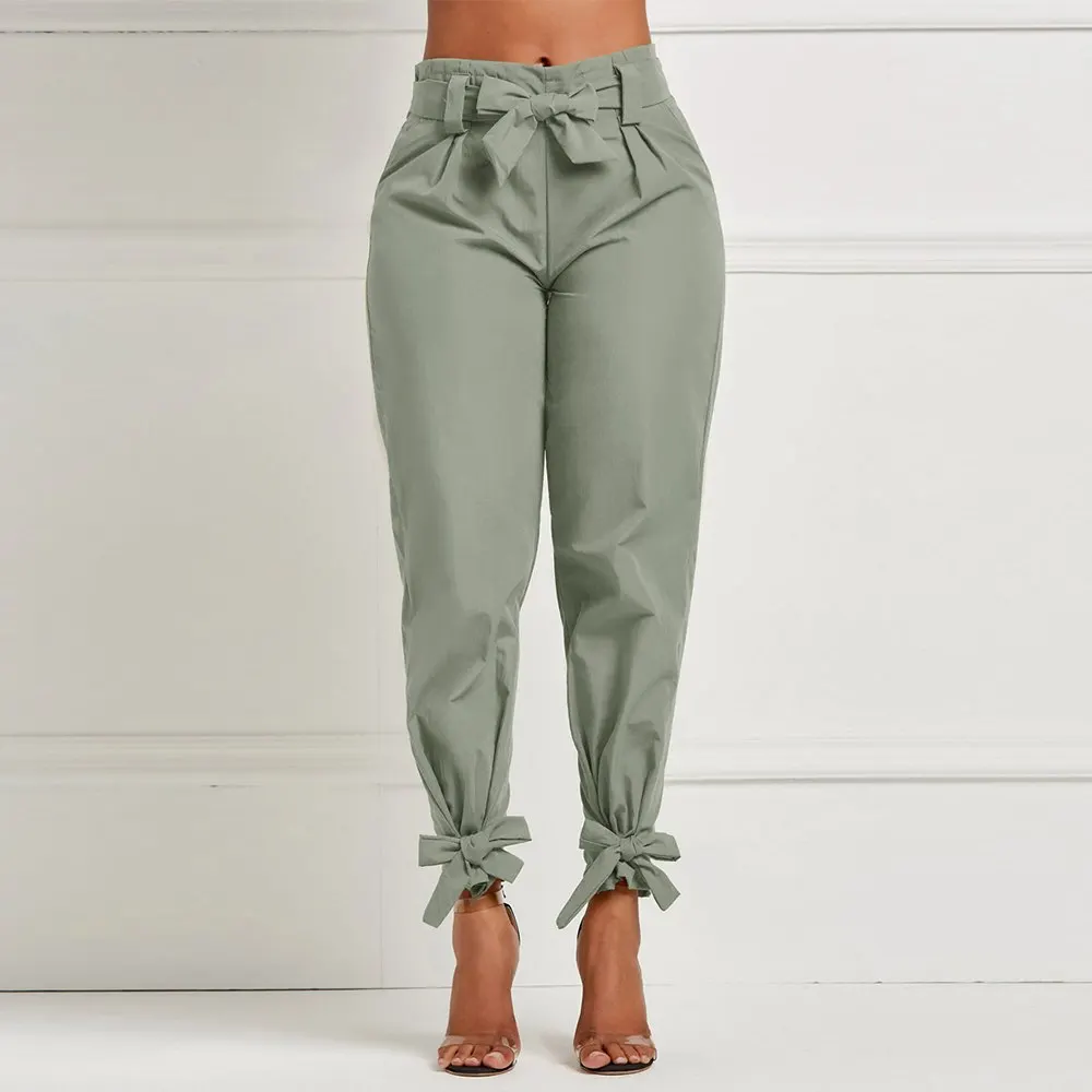 light green Модные милые весенние женские однотонные свободные штаны, повседневные штаны с высокой талией, с карманами, с бантом, с оборками, женские штаны - Цвет: light green