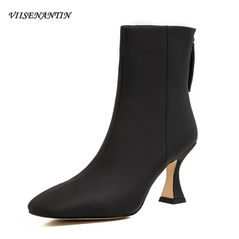 

Autumn Winter New Square Toe Short Boots Women Temperament Beige Stiletto Mature High-heeled Nude Boots Rear Zipper Boots