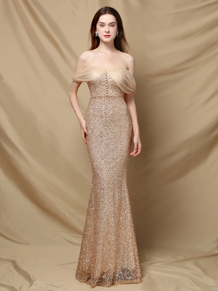 YIDINGZS 2021 Sexy Bra Evening Party Maxi Dress Gold Sequin Off