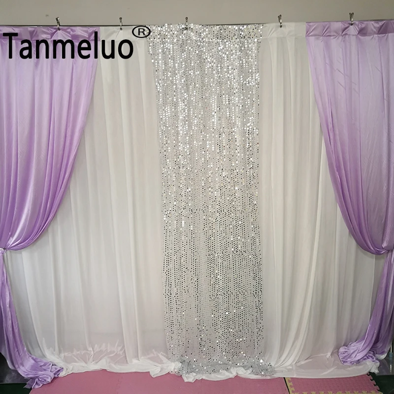 3x3M/10x10FT White and Light Purple Ice Silk Wedding Backdrop Curtain Silver Sequin Stage Background for Event Party Decoration