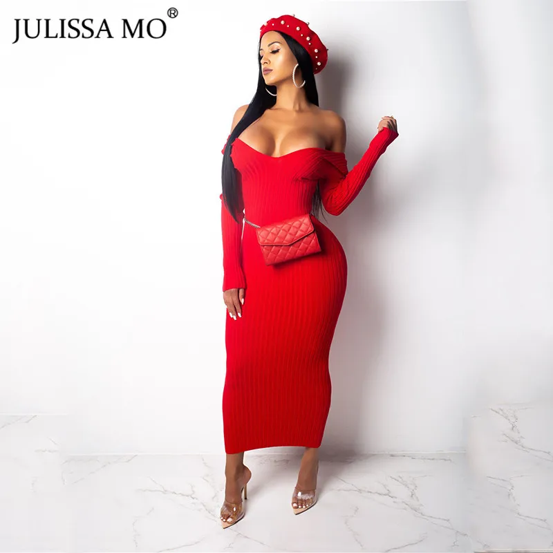 JULISSA MO, элегантное вязаное платье-свитер, женские осенние сексуальные платья бодикон с открытыми плечами,, зимние эластичные длинные вечерние платья