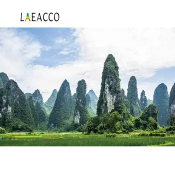 

Laeacco Natural Backdrop For Photography The Karst Mountains Green Grass Blue Sky Cloudy Scenic Photography Background Photocall