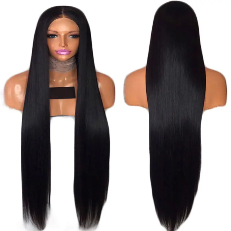 

Bombshell Black Long Silky Straight Synthetic Lace Front Wig Heat Resistant Fiber Natural Hairline Middle Parting For Women Wigs