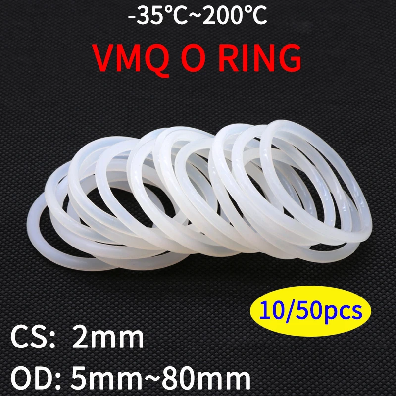 Junta de anillo de silicona blanca VMQ, CS, 2mm, OD, 5 ~ 80mm, grado alimenticio, lavadora a prueba de agua, junta tórica de goma, 10/50 Uds.
