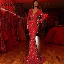 Женское блестящее вечернее платье красное длинное модельное