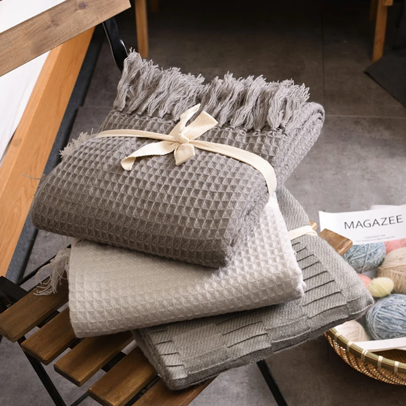 Holaroom Blanket for Spring/Autumn Knitted Blanket Embossing Coffee Fringe Nordic Style Sofa Bedroom Decorative Blanket Tassels