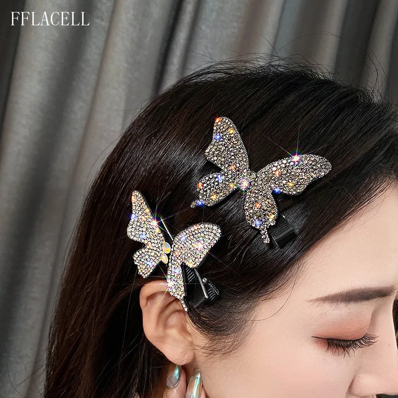 AM_ LC_ Women's Elegant Shiny Rhinestone Butterfly Barrette Hair Clip Accessory 