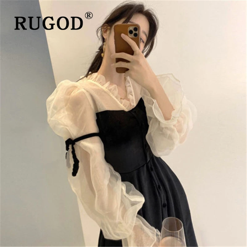 RUGOD корейское шикарное бархатное лоскутное женское платье Элегантное кружевное Сетчатое мини-платье с пышными рукавами для офисных леди vestidos весеннее платье