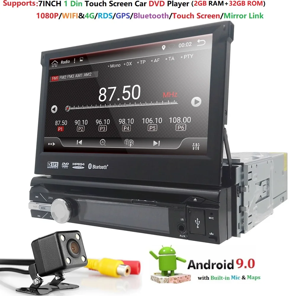 Универсальный 1 din Android 9,0 четырехъядерный автомобильный dvd-плеер gps Wifi BT Радио 2 Гб ram 32 Гб rom 4G SIM сеть SWC RDS DAB MIC SD CD USB