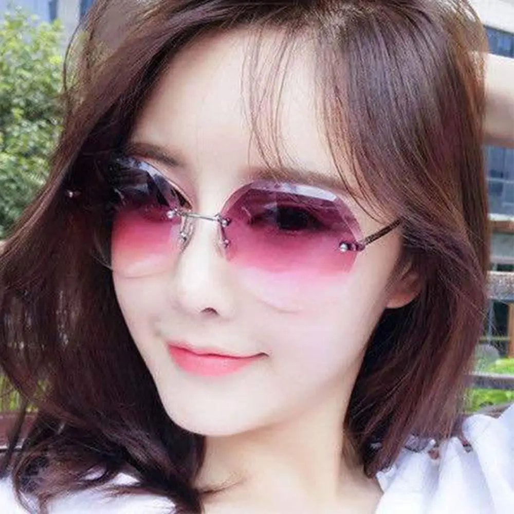 Women Polygon Rimless Sunglasses Metal Anti Ultraviolet Marine Film Sunglasses