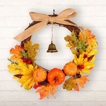 

christmas Pumpkin Wreath for Party DIY Decorations Maple Leaf Bell flower ring Wreath Hang Natural Garland Dried Rattan Xmas