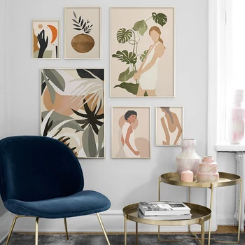 

Nordic Abstract Canvas Painting Scandinavian Girl Tropical Plant Poster and Prints Wall Art Pictures for Living Room Home Decor
