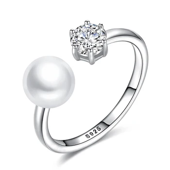 

MetJakt S925 Sterling Silver Zircon Freshwater Pearl Fashion Elegant Women's Open Ring