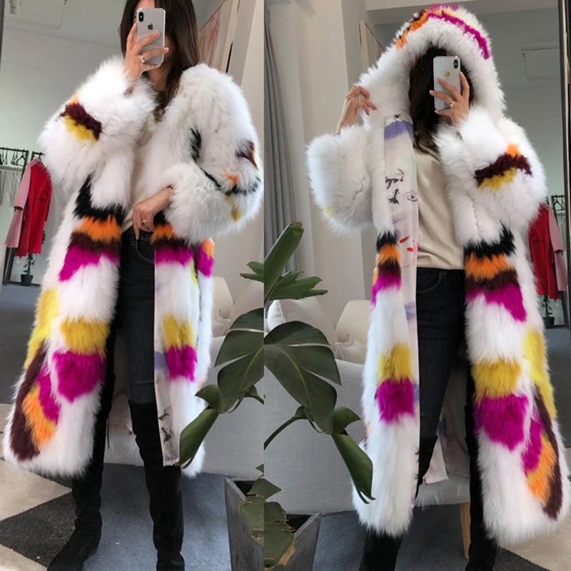 women fur coat with hood real fox fur knitted jacket long (3)